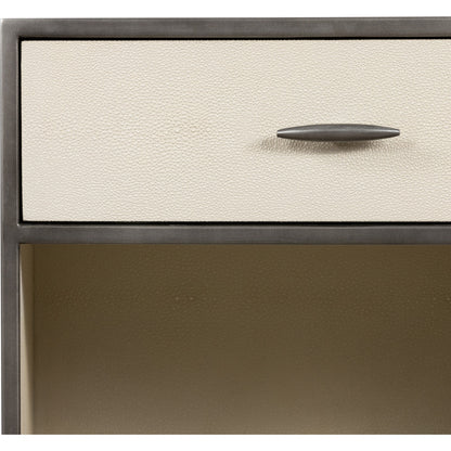 Shagreen Bedside Table by Four Hands in gray and antique brass, gray shagreen. Made from faux shagreen, iron in a modern style.