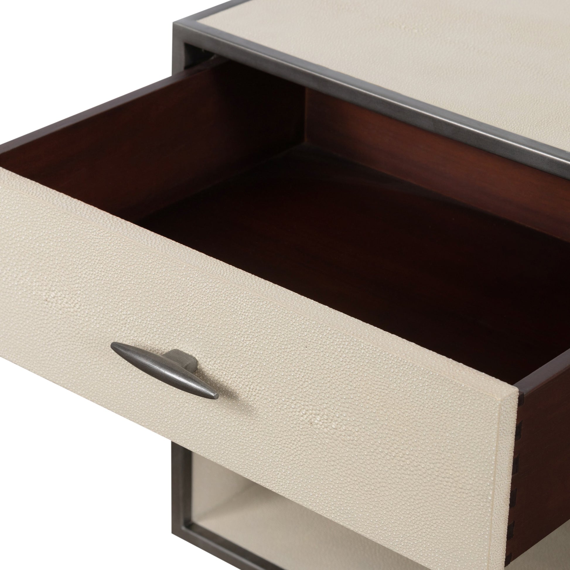 Shagreen Bedside Table by Four Hands in gray and antique brass, gray shagreen. Made from faux shagreen, iron in a modern style.