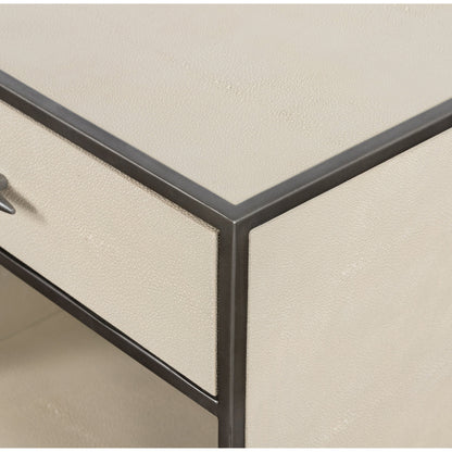 Shagreen Bedside Table by Four Hands in gray and antique brass, gray shagreen. Made from faux shagreen, iron in a modern style.