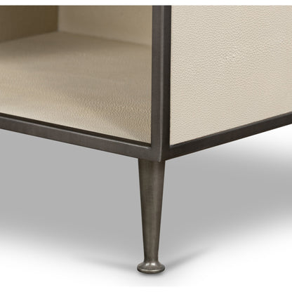 Shagreen Bedside Table by Four Hands in gray and antique brass, gray shagreen. Made from faux shagreen, iron in a modern style.