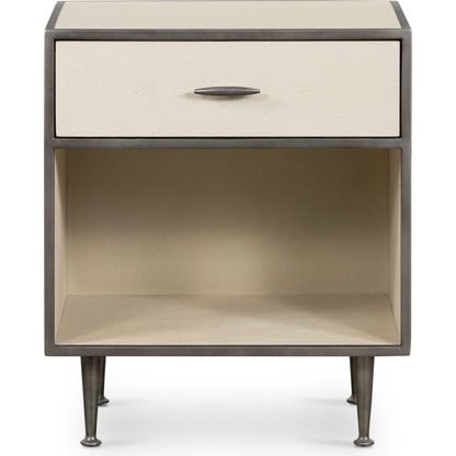 Shagreen Bedside Table by Four Hands in gray and antique brass, gray shagreen. Made from faux shagreen, iron in a modern style.
