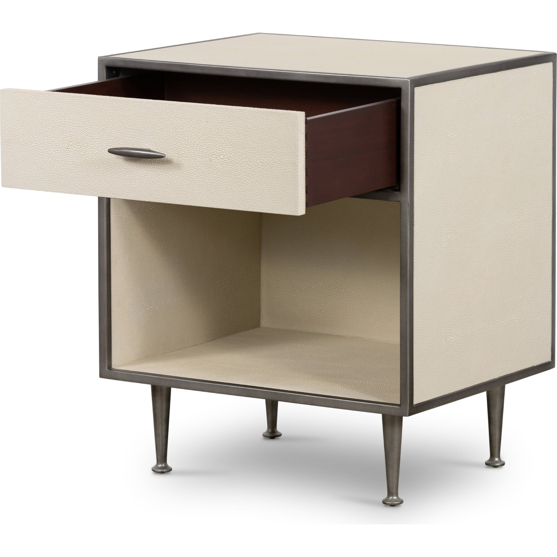 Shagreen Bedside Table by Four Hands in gray and antique brass, gray shagreen. Made from faux shagreen, iron in a modern style.