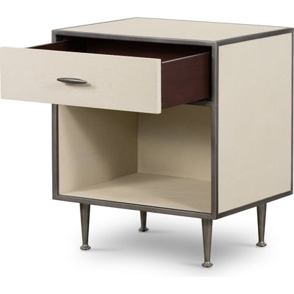 Shagreen Bedside Table by Four Hands in gray and antique brass, gray shagreen. Made from faux shagreen, iron in a modern style.
