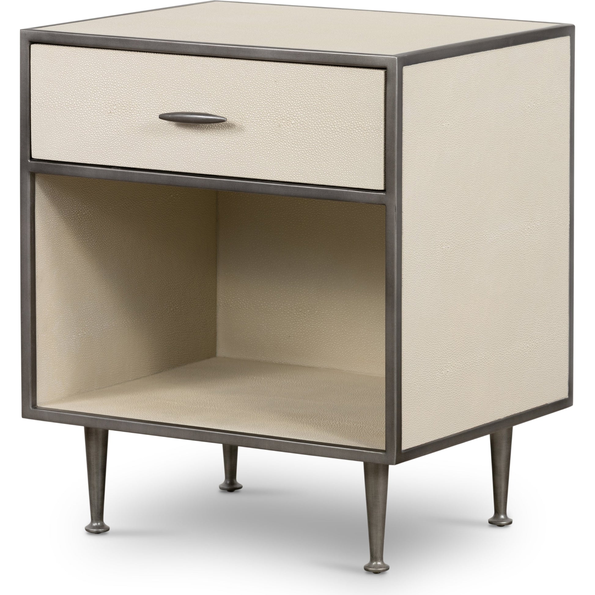 Shagreen Bedside Table by Four Hands in gray and antique brass, gray shagreen. Made from faux shagreen, iron in a modern style.