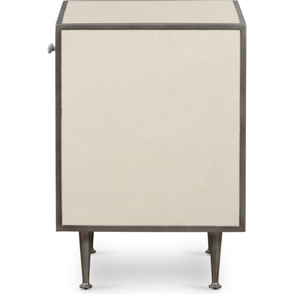 Shagreen Bedside Table by Four Hands in gray and antique brass, gray shagreen. Made from faux shagreen, iron in a modern style.