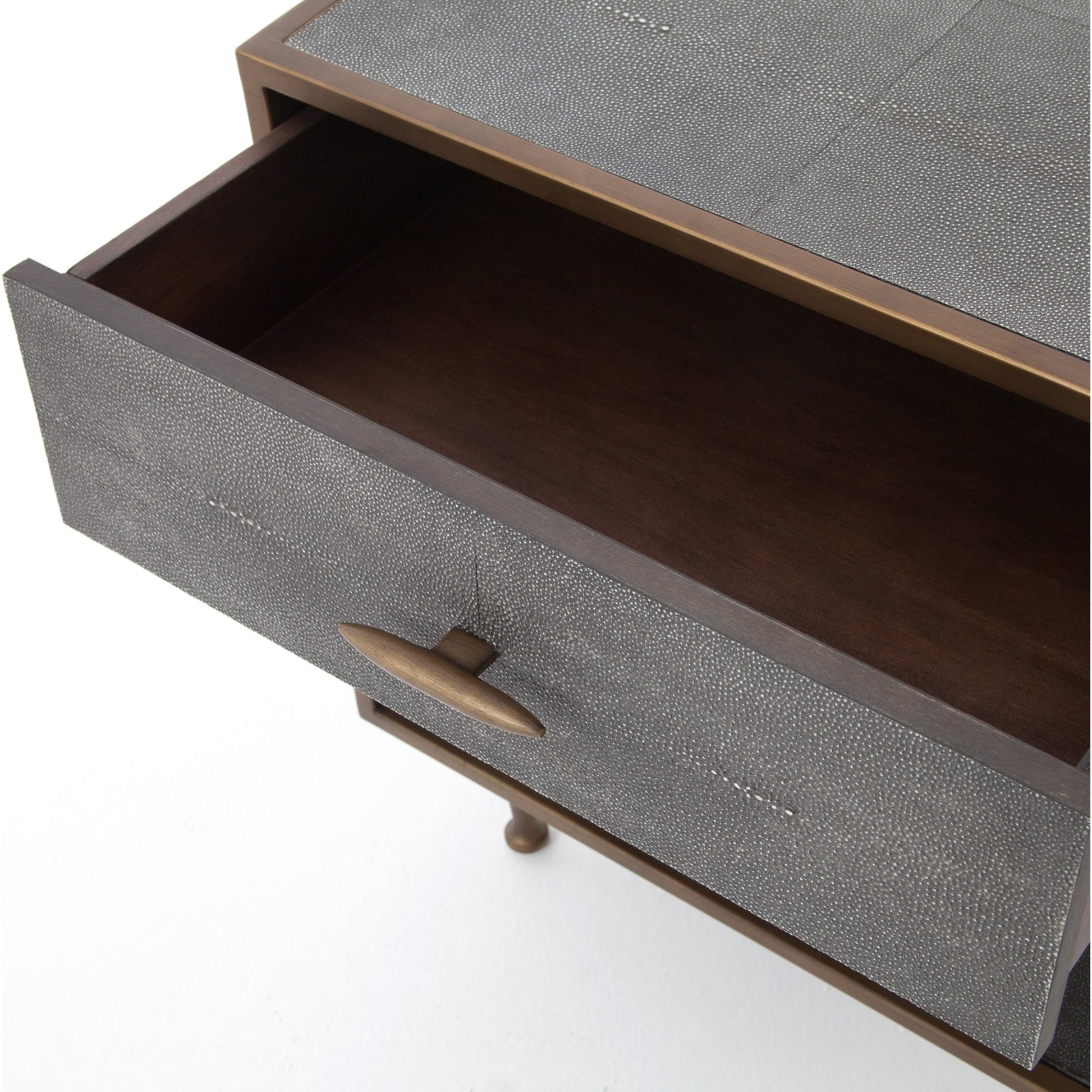 Shagreen Bedside Table by Four Hands in gray and antique brass, gray shagreen. Made from faux shagreen, iron in a modern style.