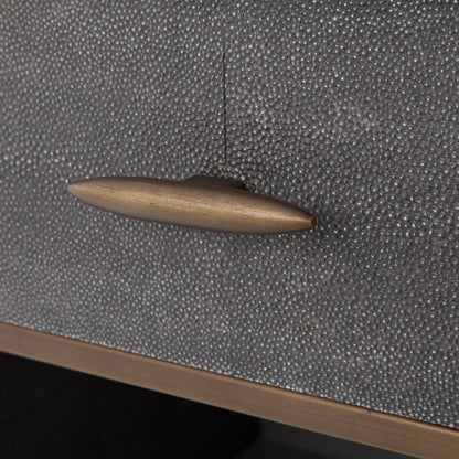 Shagreen Bedside Table by Four Hands in gray and antique brass, gray shagreen. Made from faux shagreen, iron in a modern style.