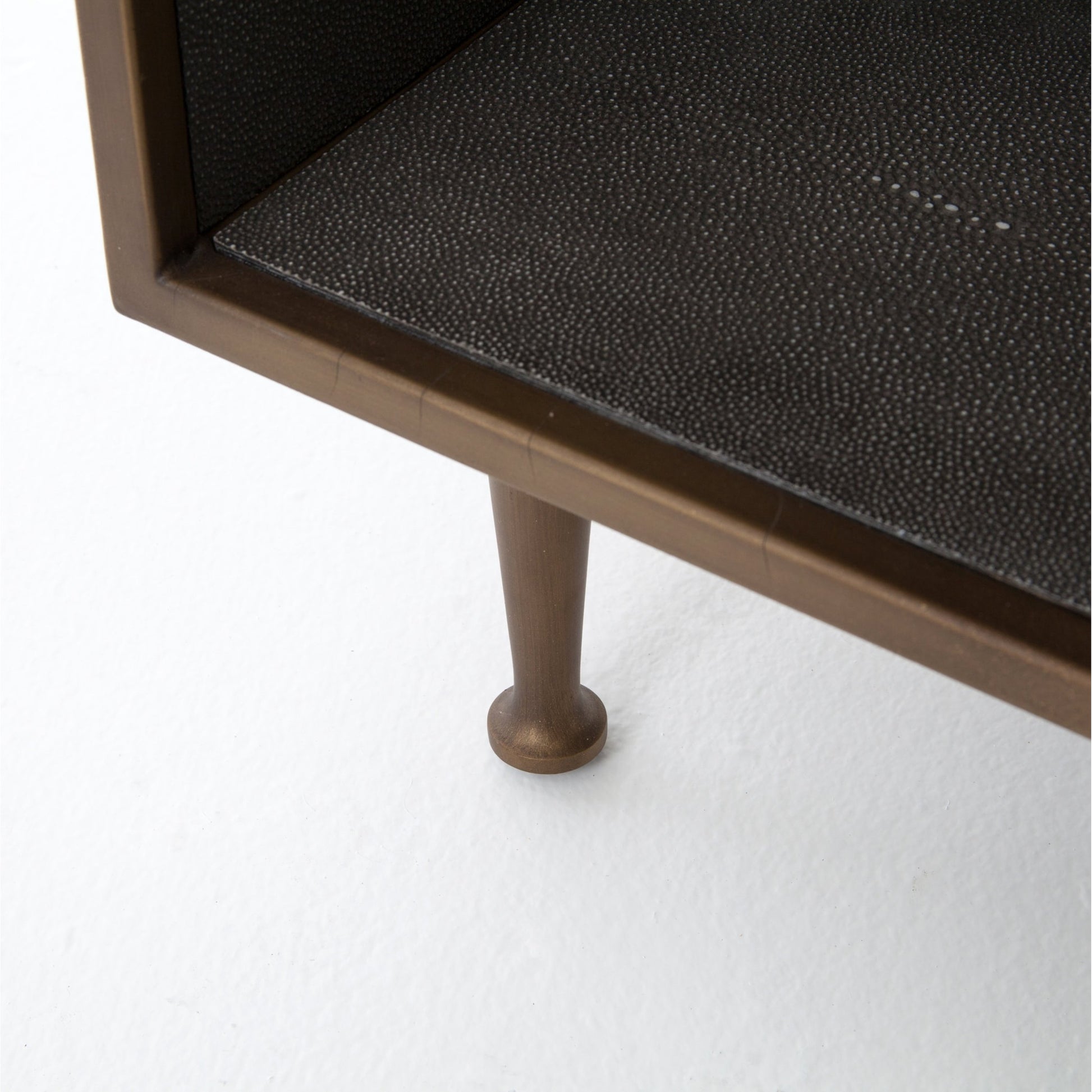Shagreen Bedside Table by Four Hands in gray and antique brass, gray shagreen. Made from faux shagreen, iron in a modern style.