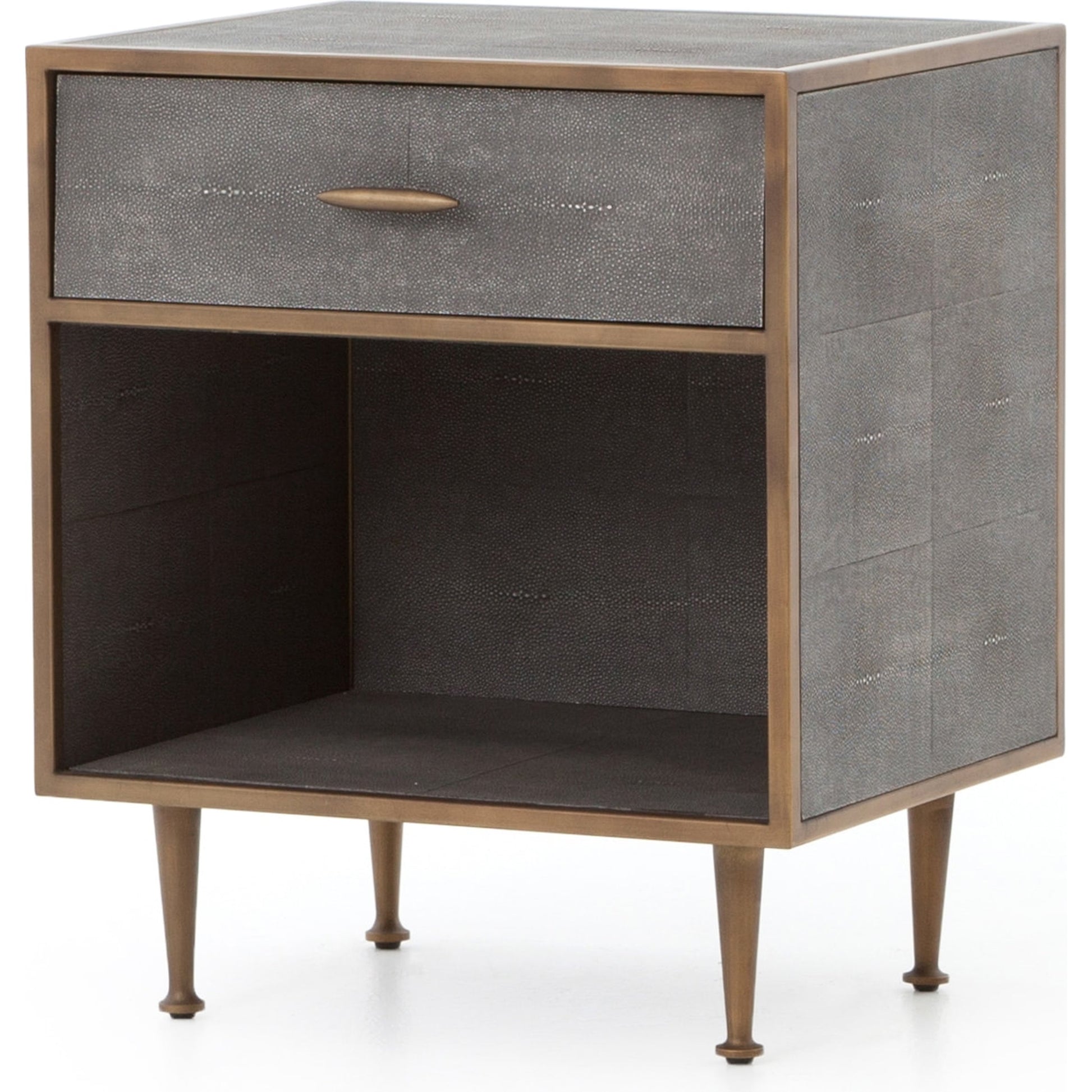 Shagreen Bedside Table by Four Hands in gray and antique brass, gray shagreen. Made from faux shagreen, iron in a modern style.