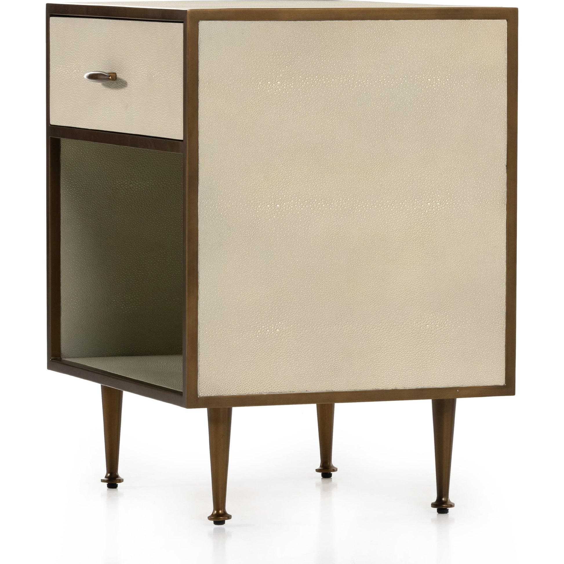 Shagreen Bedside Table by Four Hands in gray and antique brass, gray shagreen. Made from faux shagreen, iron in a modern style.