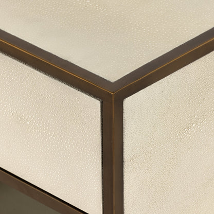 Shagreen Bedside Table by Four Hands in gray and antique brass, gray shagreen. Made from faux shagreen, iron in a modern style.
