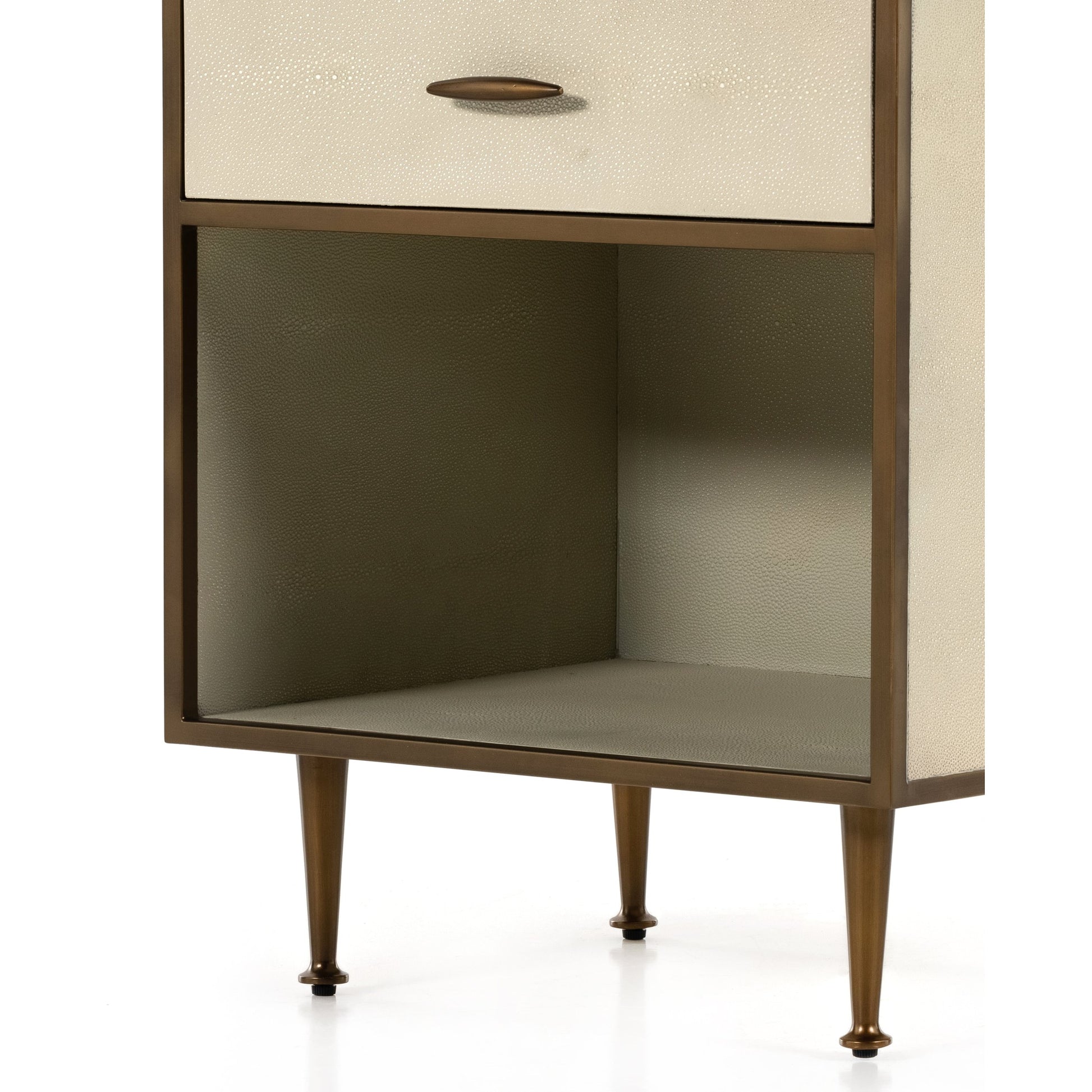 Shagreen Bedside Table by Four Hands in gray and antique brass, gray shagreen. Made from faux shagreen, iron in a modern style.
