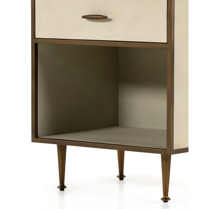 Shagreen Bedside Table by Four Hands in gray and antique brass, gray shagreen. Made from faux shagreen, iron in a modern style.