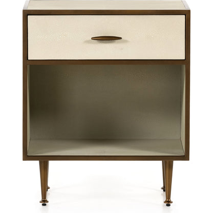 Shagreen Bedside Table by Four Hands in gray and antique brass, gray shagreen. Made from faux shagreen, iron in a modern style.