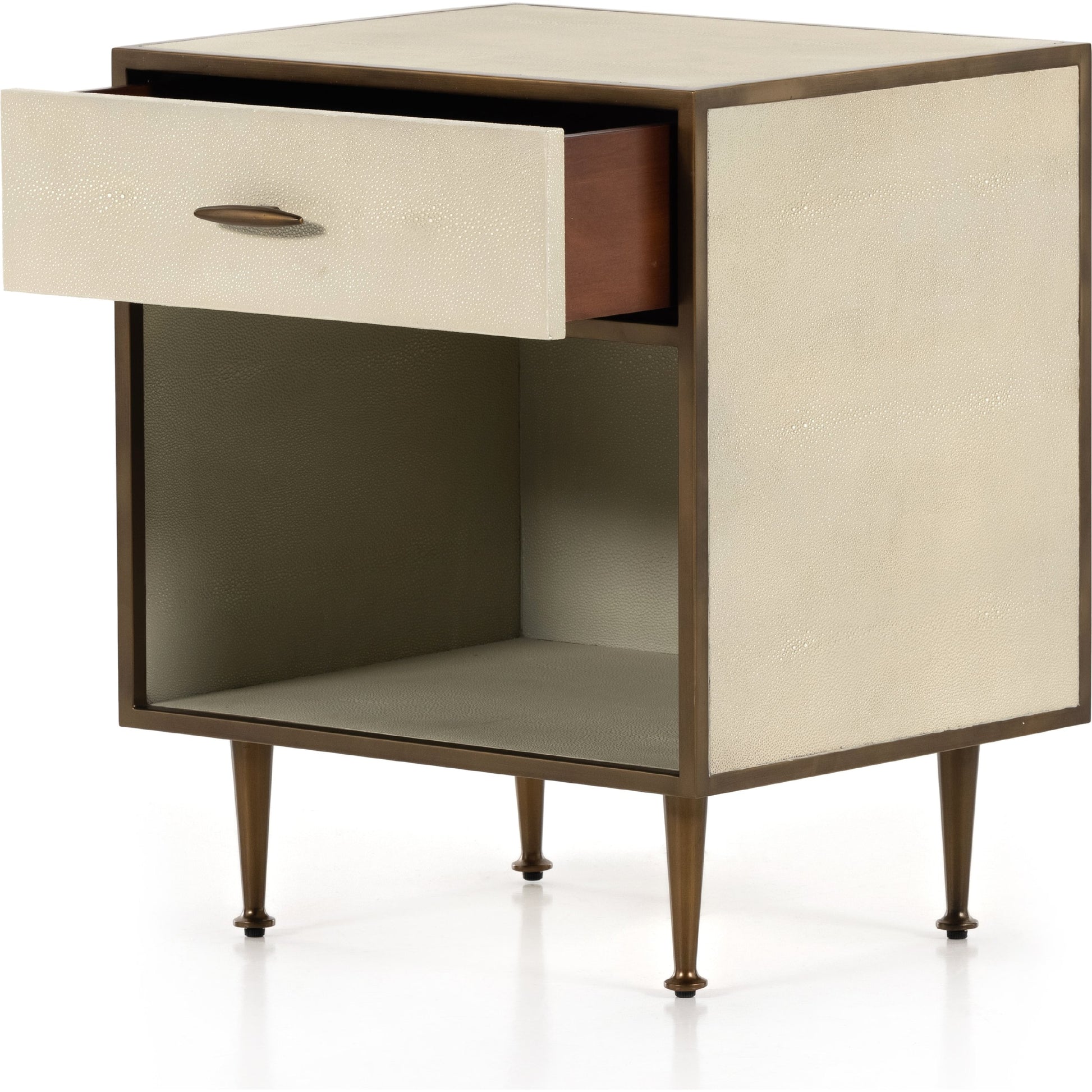 Shagreen Bedside Table by Four Hands in gray and antique brass, gray shagreen. Made from faux shagreen, iron in a modern style.