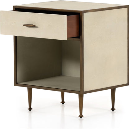 Shagreen Bedside Table by Four Hands in gray and antique brass, gray shagreen. Made from faux shagreen, iron in a modern style.