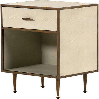 Shagreen Bedside Table by Four Hands in gray and antique brass, gray shagreen. Made from faux shagreen, iron in a modern style.