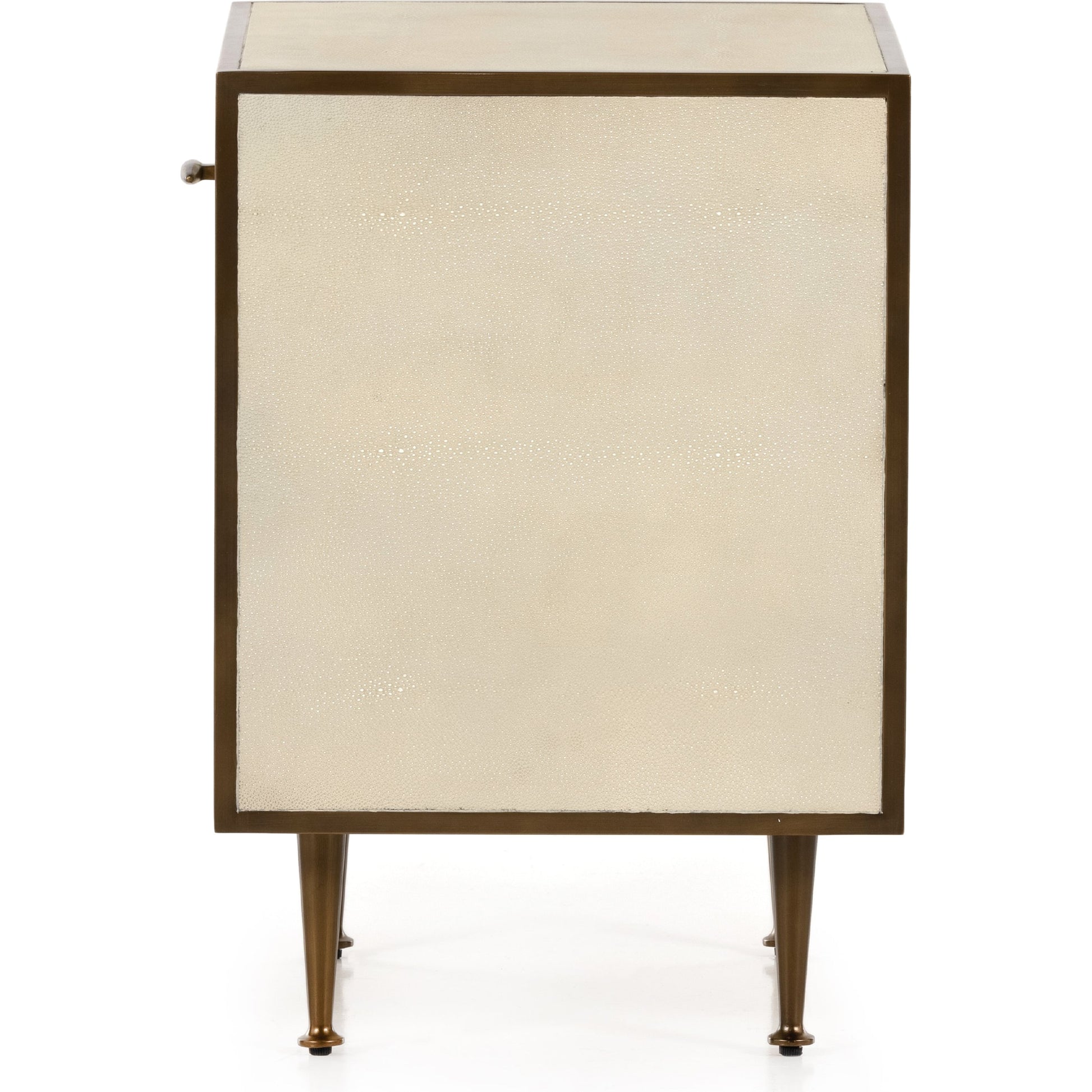 Shagreen Bedside Table by Four Hands in gray and antique brass, gray shagreen. Made from faux shagreen, iron in a modern style.