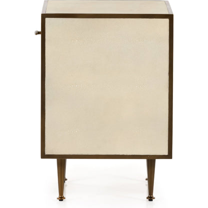 Shagreen Bedside Table by Four Hands in gray and antique brass, gray shagreen. Made from faux shagreen, iron in a modern style.