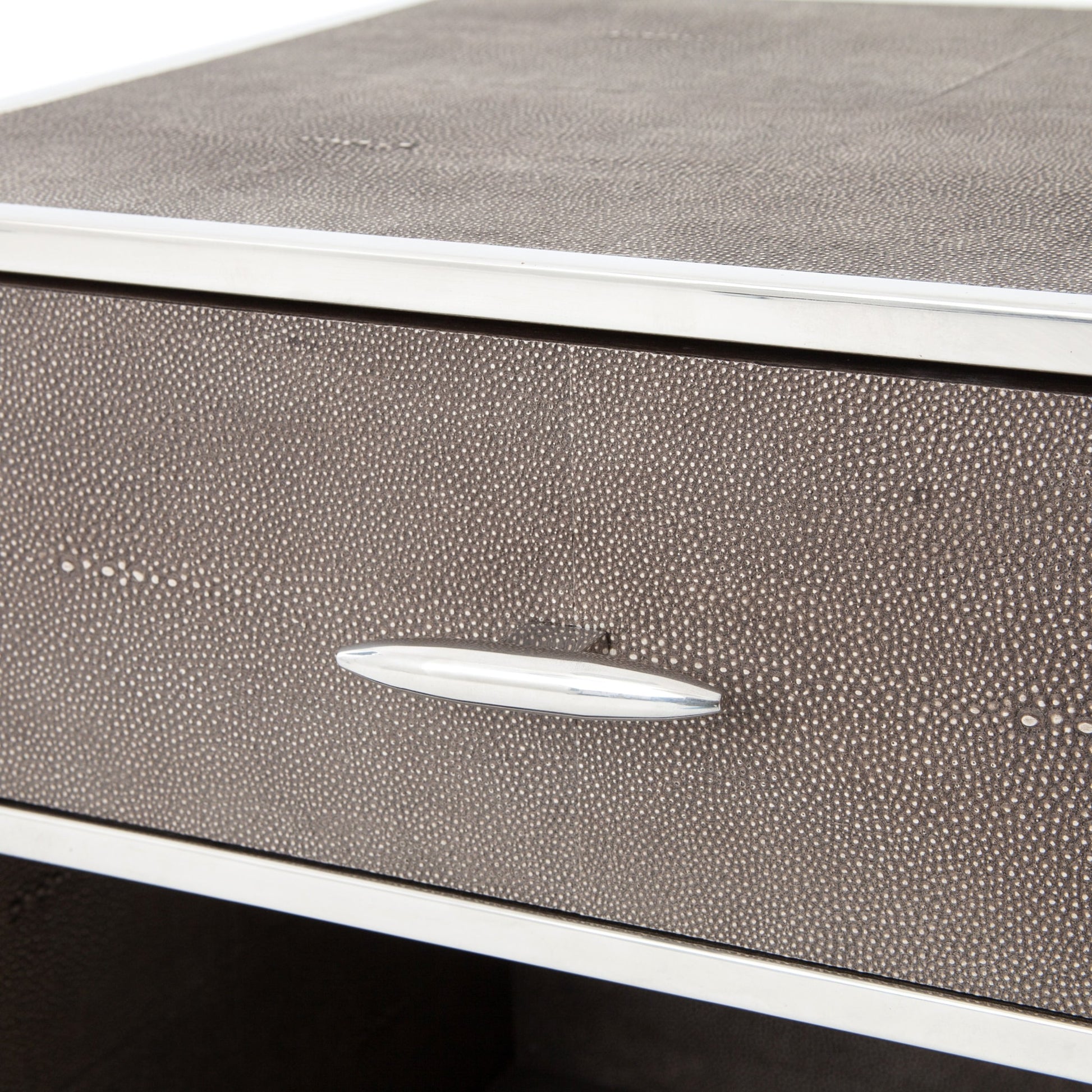Shagreen Bedside Table by Four Hands in gray and antique brass, gray shagreen. Made from faux shagreen, iron in a modern style.