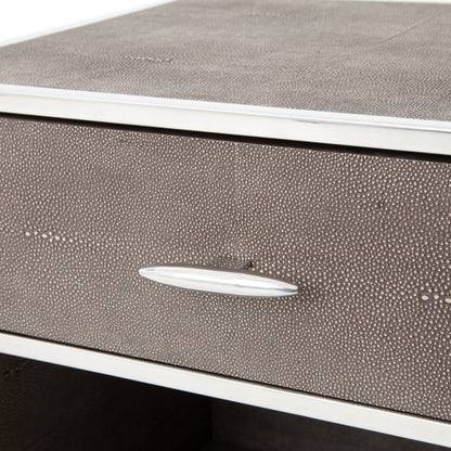 Shagreen Bedside Table by Four Hands in gray and antique brass, gray shagreen. Made from faux shagreen, iron in a modern style.