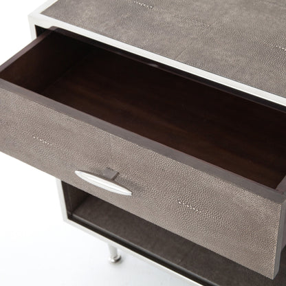 Shagreen Bedside Table by Four Hands in gray and antique brass, gray shagreen. Made from faux shagreen, iron in a modern style.