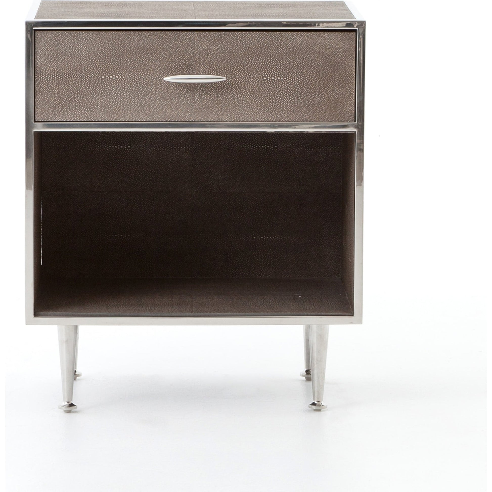 Shagreen Bedside Table by Four Hands in gray and antique brass, gray shagreen. Made from faux shagreen, iron in a modern style.