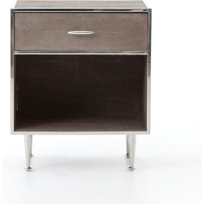 Shagreen Bedside Table by Four Hands in gray and antique brass, gray shagreen. Made from faux shagreen, iron in a modern style.