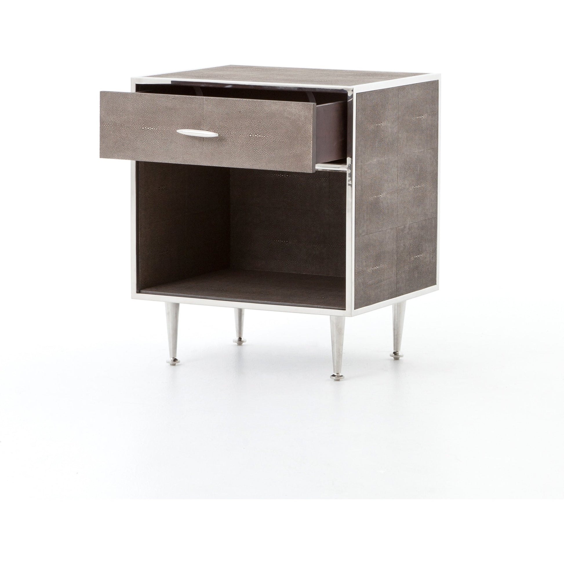 Shagreen Bedside Table by Four Hands in gray and antique brass, gray shagreen. Made from faux shagreen, iron in a modern style.