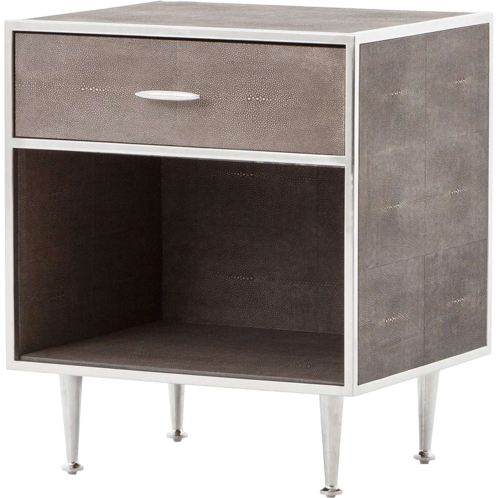 Shagreen Bedside Table by Four Hands in gray and antique brass, gray shagreen. Made from faux shagreen, iron in a modern style.