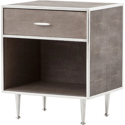 Shagreen Bedside Table by Four Hands in gray and antique brass, gray shagreen. Made from faux shagreen, iron in a modern style.