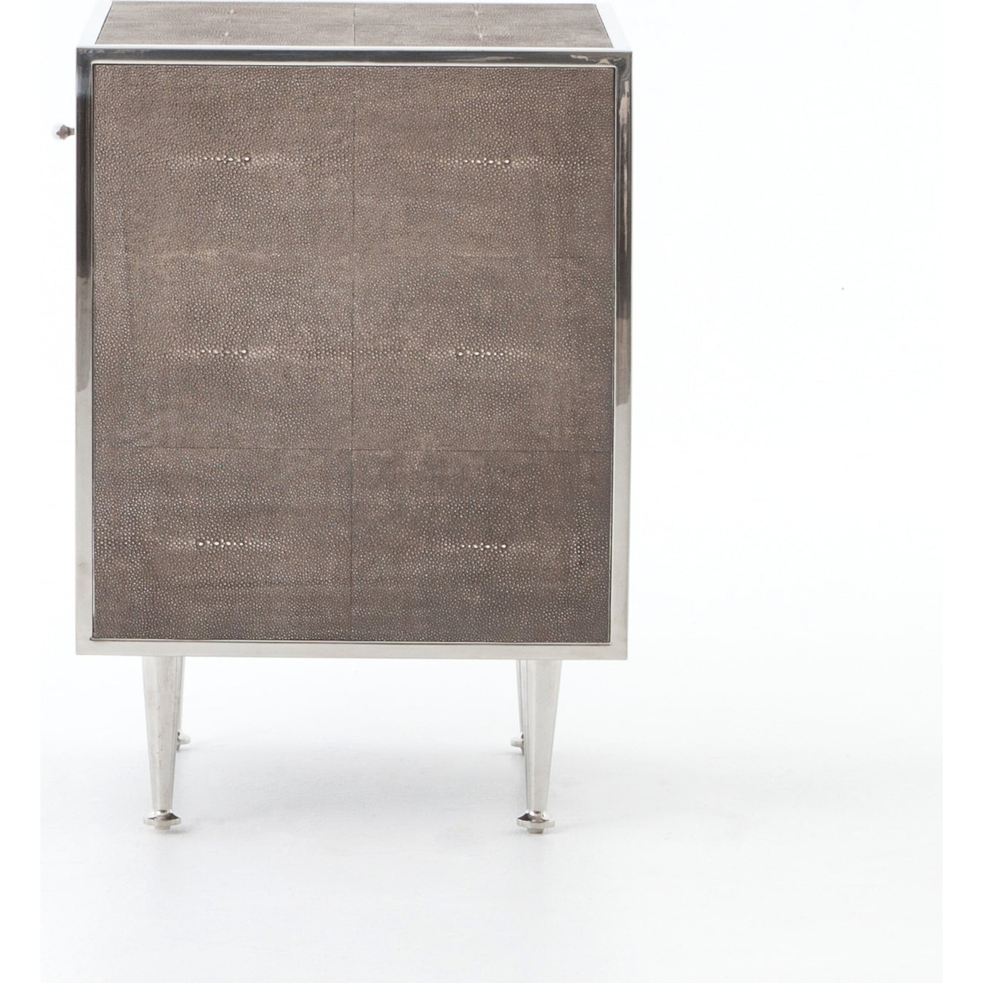Shagreen Bedside Table by Four Hands in gray and antique brass, gray shagreen. Made from faux shagreen, iron in a modern style.