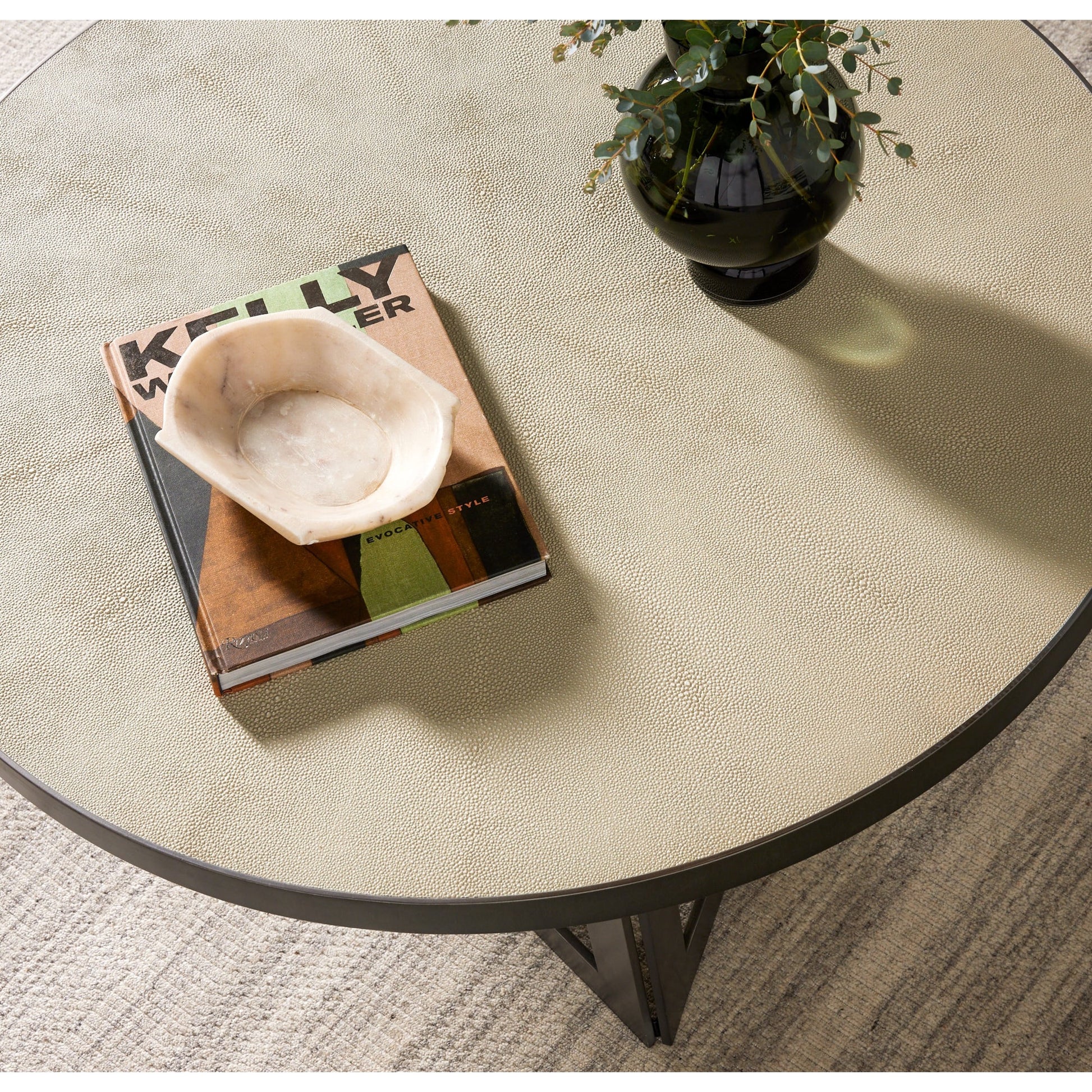 Shagreen Coffee Table by Four Hands in antique brass, grey shagreen and grey. Made from faux shagreen, iron in a modern style.