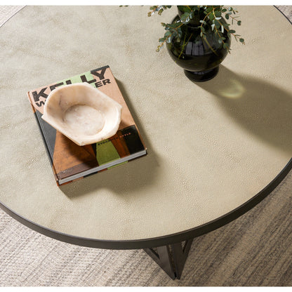 Shagreen Coffee Table by Four Hands in antique brass, grey shagreen and grey. Made from faux shagreen, iron in a modern style.
