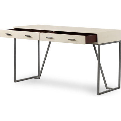 Shagreen Desk by Four Hands in grey shagreen, antique brass and antique brass. Made from faux shagreen, iron in a modern style.