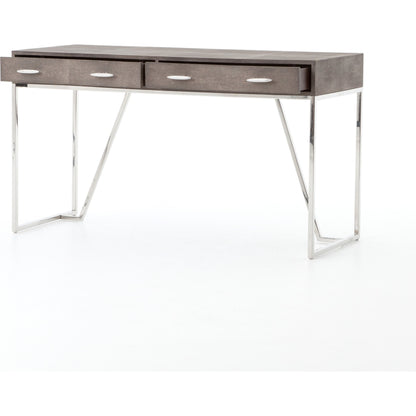 Shagreen Desk by Four Hands in grey shagreen, antique brass and antique brass. Made from faux shagreen, iron in a modern style.