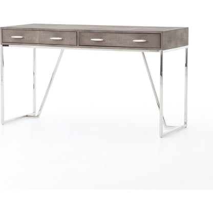 Shagreen Desk by Four Hands in grey shagreen, antique brass and antique brass. Made from faux shagreen, iron in a modern style.