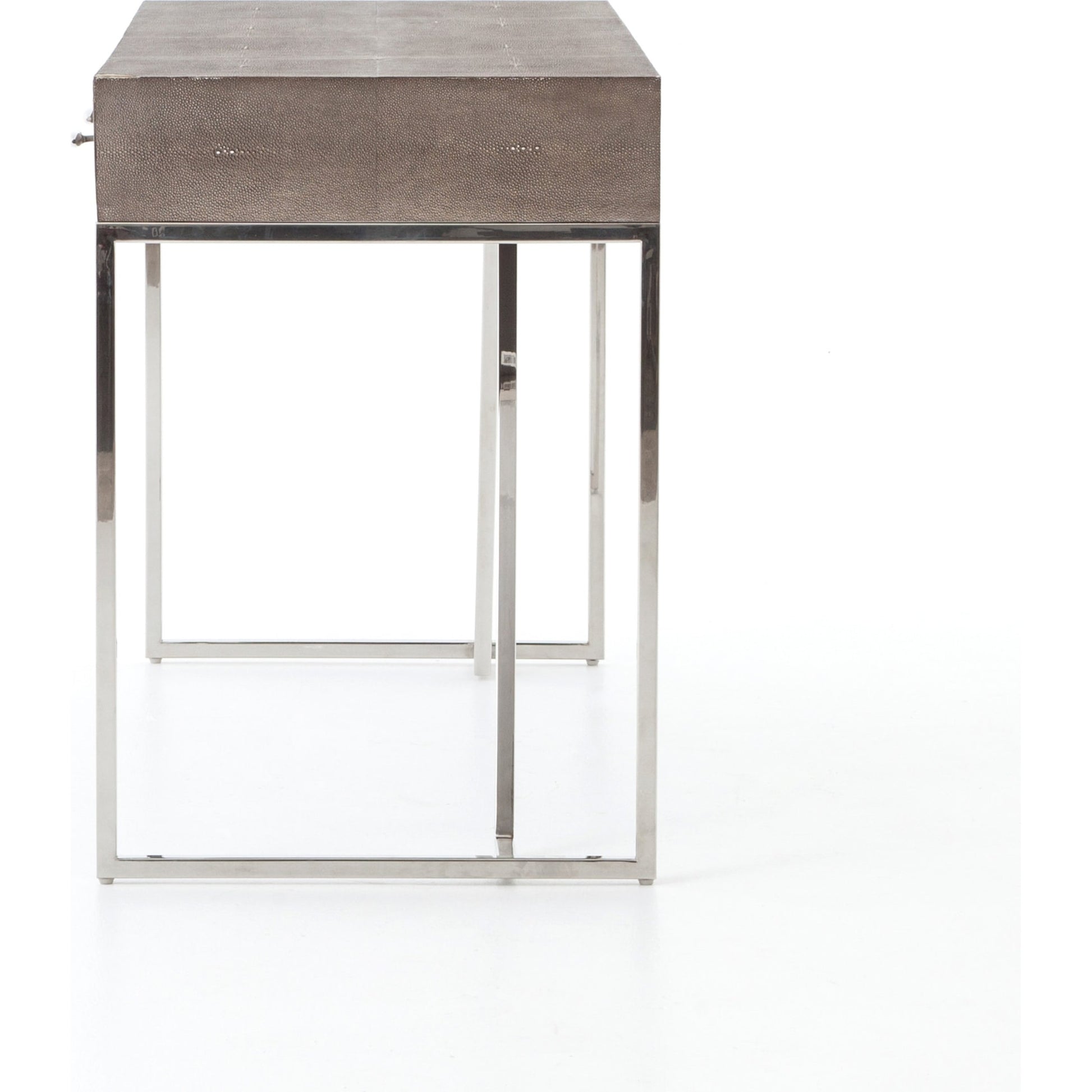 Shagreen Desk by Four Hands in grey shagreen, antique brass and antique brass. Made from faux shagreen, iron in a modern style.