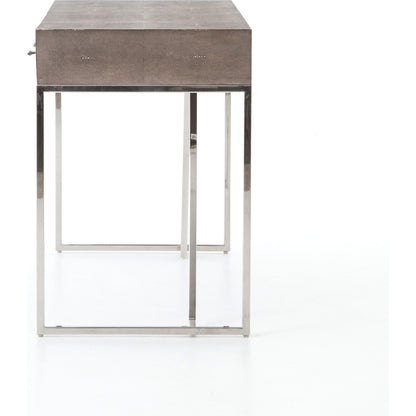 Shagreen Desk by Four Hands in grey shagreen, antique brass and antique brass. Made from faux shagreen, iron in a modern style.