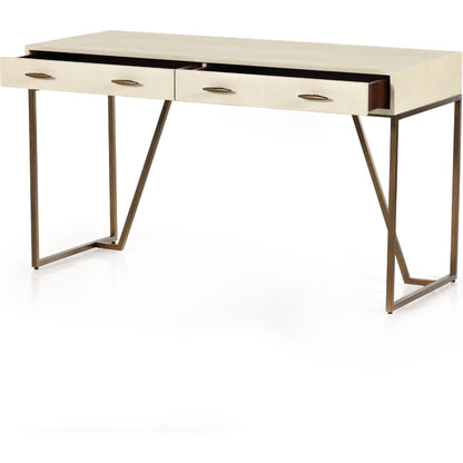Shagreen Desk by Four Hands in grey shagreen, antique brass and antique brass. Made from faux shagreen, iron in a modern style.