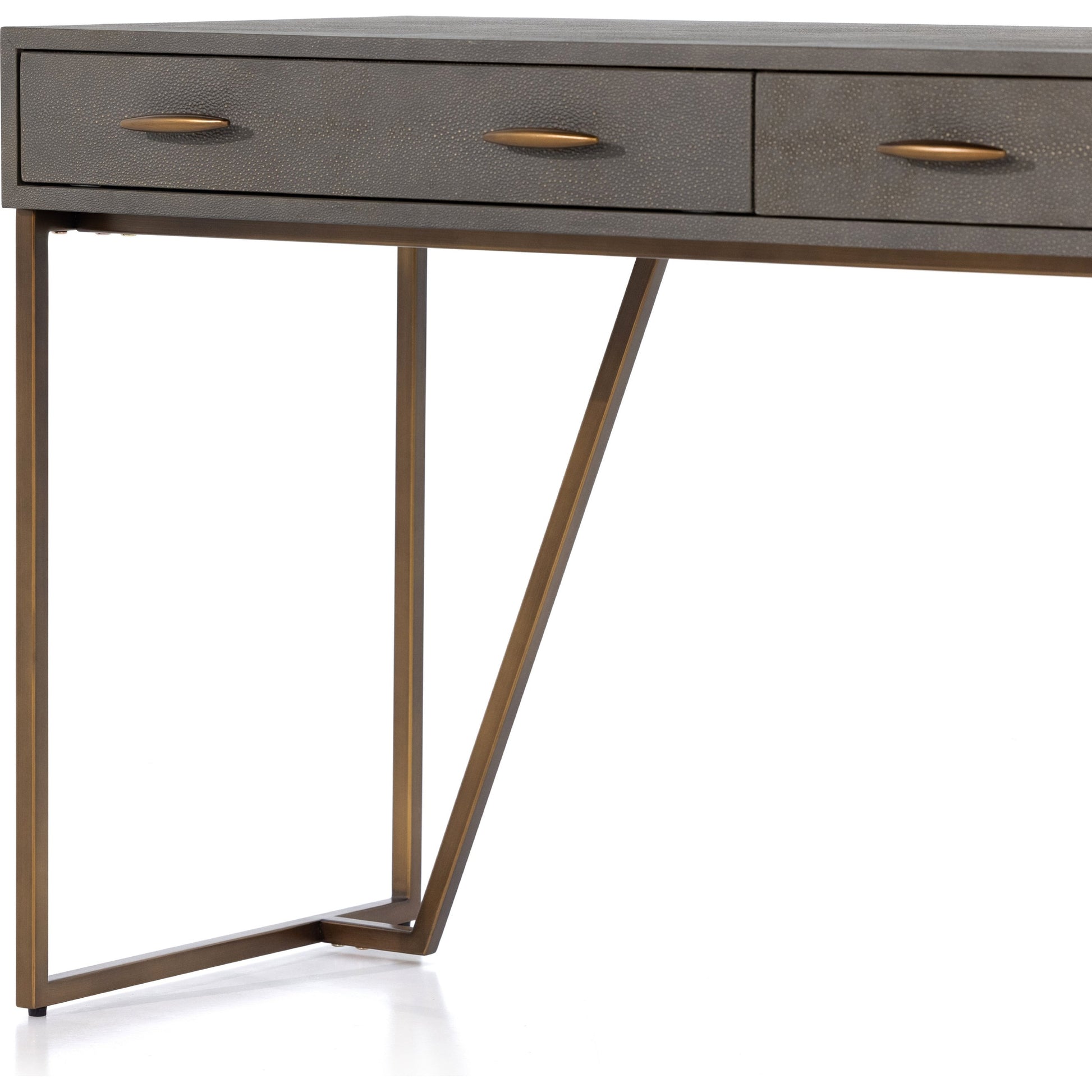 Shagreen Desk by Four Hands in grey shagreen, antique brass and antique brass. Made from faux shagreen, iron in a modern style.