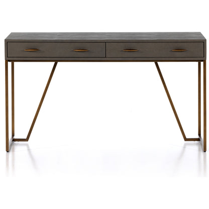 Shagreen Desk by Four Hands in grey shagreen, antique brass and antique brass. Made from faux shagreen, iron in a modern style.