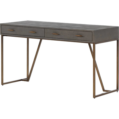 Shagreen Desk by Four Hands in grey shagreen, antique brass and antique brass. Made from faux shagreen, iron in a modern style.