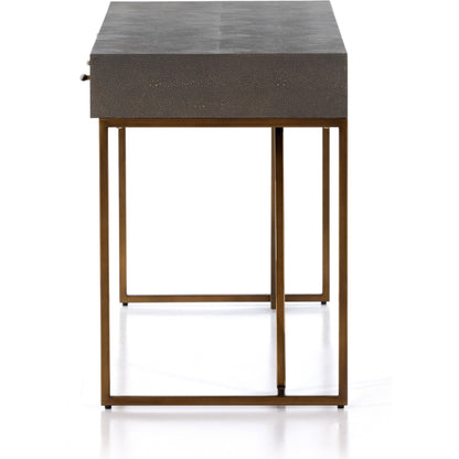 Shagreen Desk by Four Hands in grey shagreen, antique brass and antique brass. Made from faux shagreen, iron in a modern style.