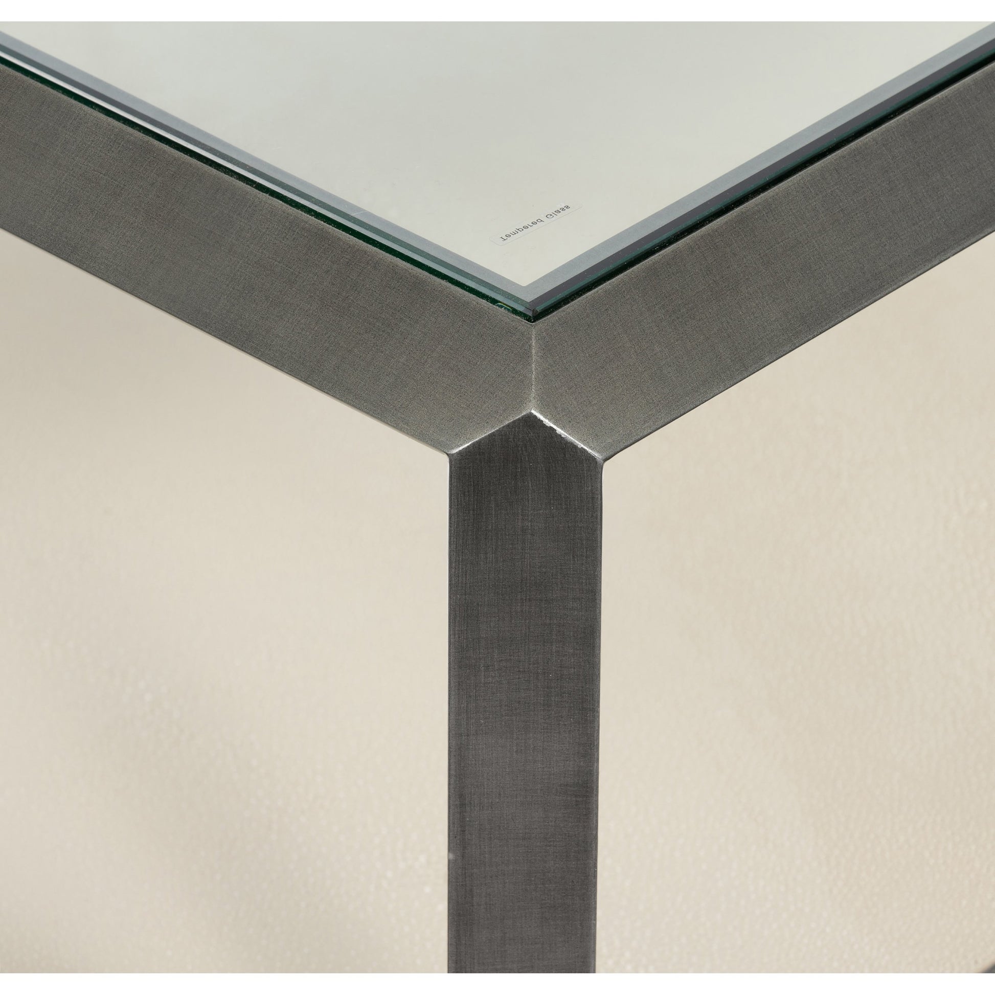 Shagreen Shadow Box Coffee Table by Four Hands in antique brass, gray shagreen, tempered glass. Made from tempered glass, iron, faux shagreen in a modern style.