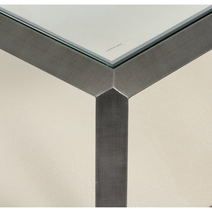 Shagreen Shadow Box Coffee Table by Four Hands in antique brass, gray shagreen, tempered glass. Made from tempered glass, iron, faux shagreen in a modern style.