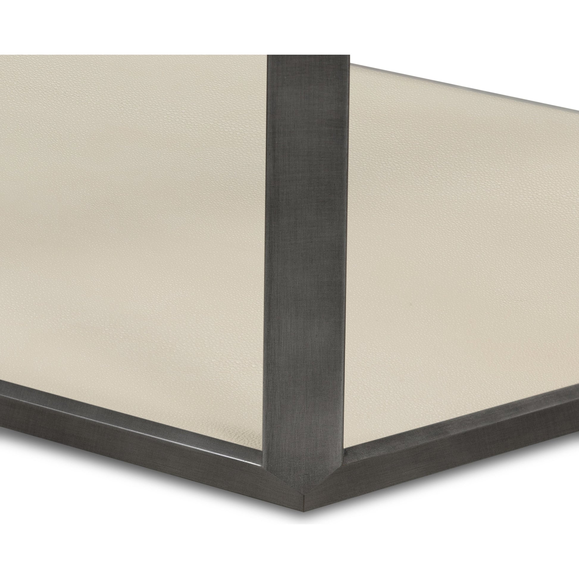 Shagreen Shadow Box Coffee Table by Four Hands in antique brass, gray shagreen, tempered glass. Made from tempered glass, iron, faux shagreen in a modern style.