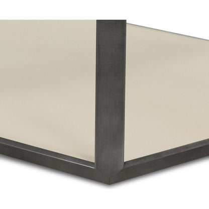 Shagreen Shadow Box Coffee Table by Four Hands in antique brass, gray shagreen, tempered glass. Made from tempered glass, iron, faux shagreen in a modern style.