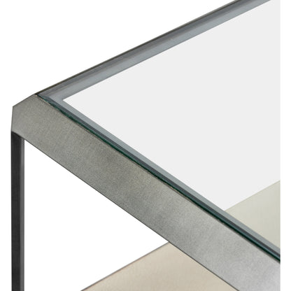 Shagreen Shadow Box Coffee Table by Four Hands in antique brass, gray shagreen, tempered glass. Made from tempered glass, iron, faux shagreen in a modern style.