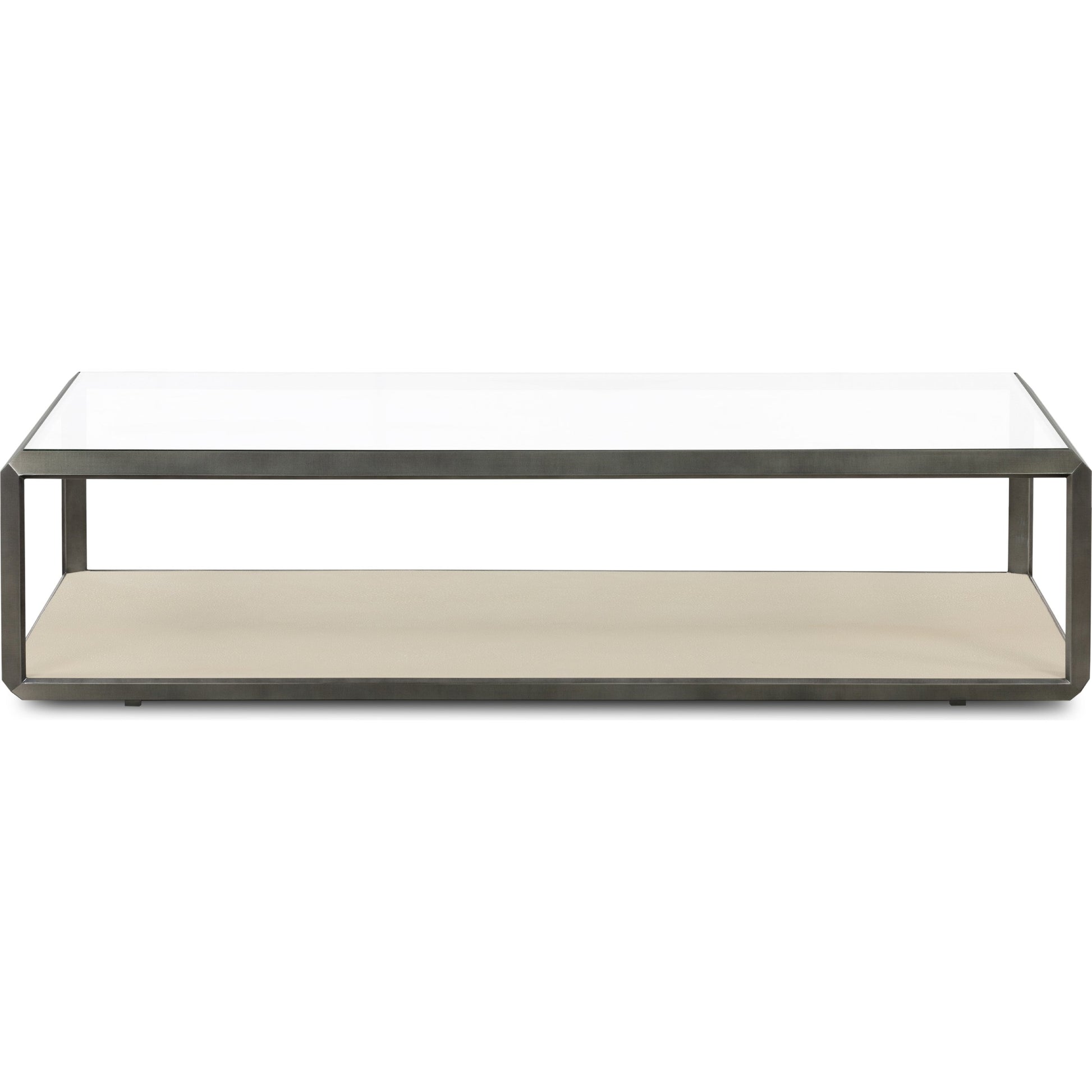 Shagreen Shadow Box Coffee Table by Four Hands in antique brass, gray shagreen, tempered glass. Made from tempered glass, iron, faux shagreen in a modern style.
